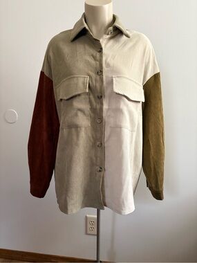 SHEIN Curve OXL Entro color block corduroy Shacket in Neutral Tones